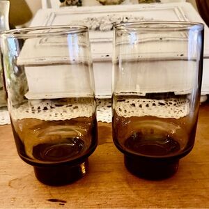 Vintage MCM Libbey Tawny Accent tumblers in a smoke brown color.